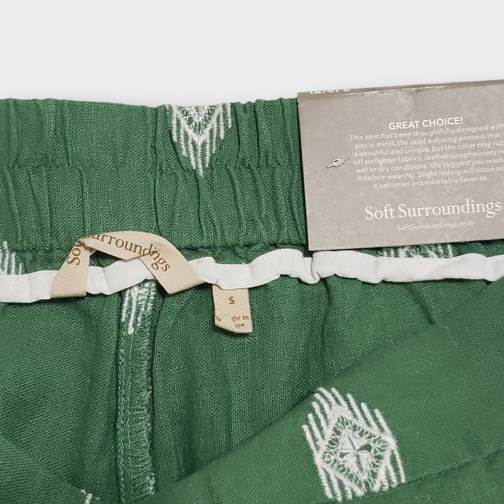 NWT Soft Surroundings Green Embroidered Linen Blend Wide Leg Crop Pants Small - Picture 5 of 12